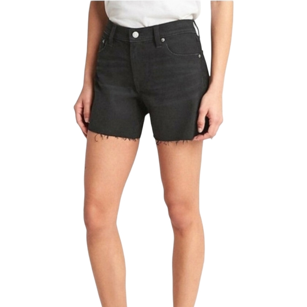 GAP 1969 Black Denim Cutoff Shorts 26 Raw Hem Mid Rise Stretch 5 Pocket